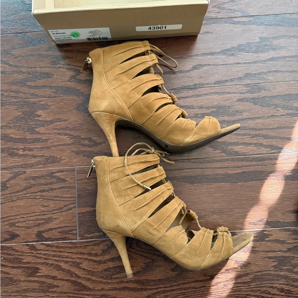 Jessica Simpson Honey Brown Lux Suede Heeled Sandals - Picture 4 of 5